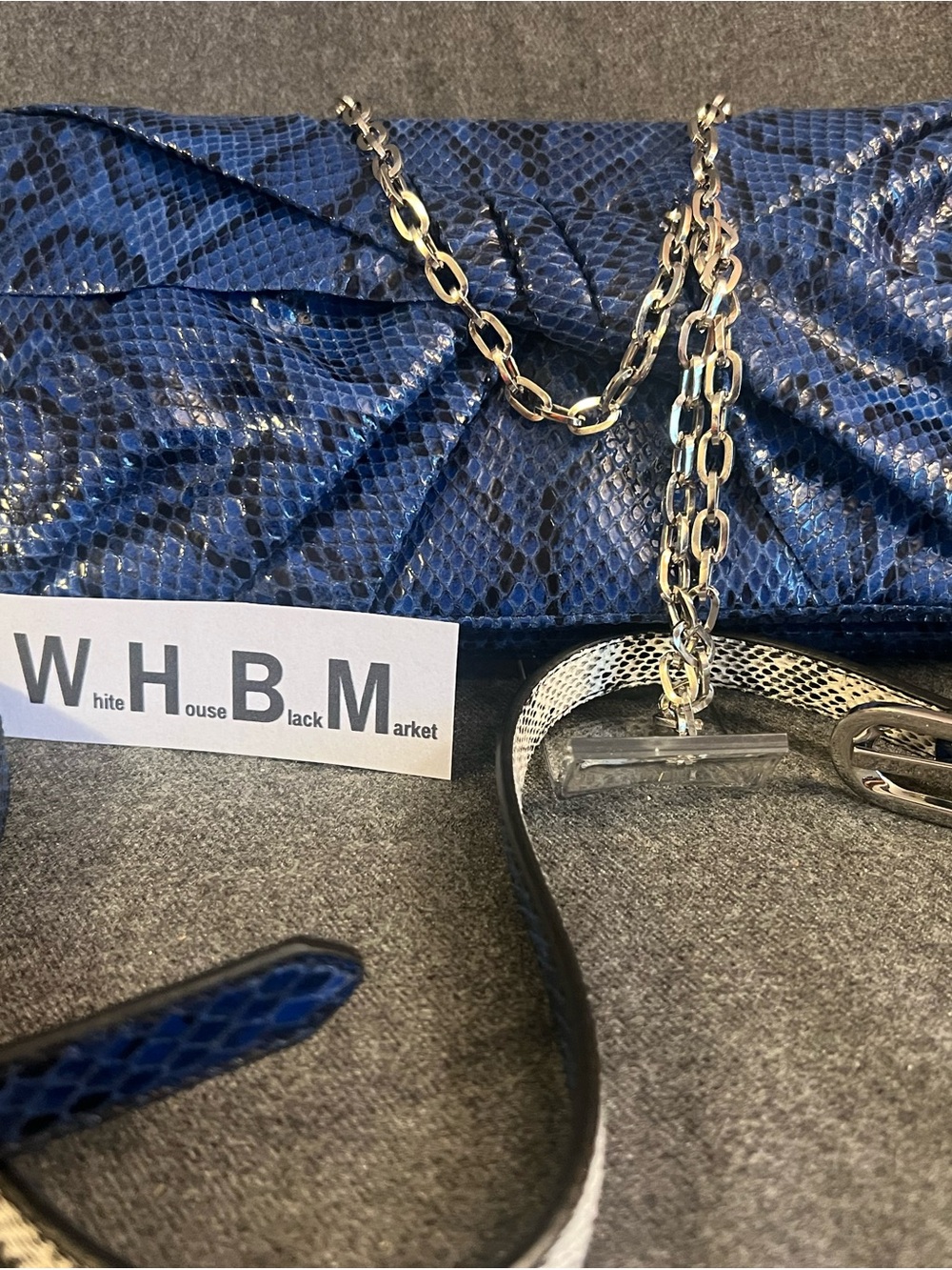 Blue Snake-Embossed Leather Clutch with Strap and matching reversible belt set - Picture 5 of 8